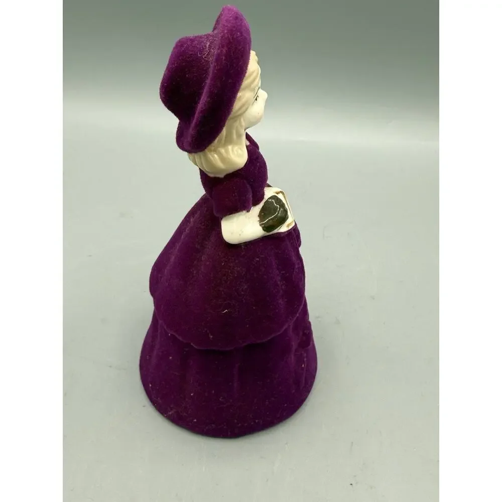 Vintage Purple Flocked Lady Bell Figurine Victorian Woman w Letter 4” - Picture 2 of 6